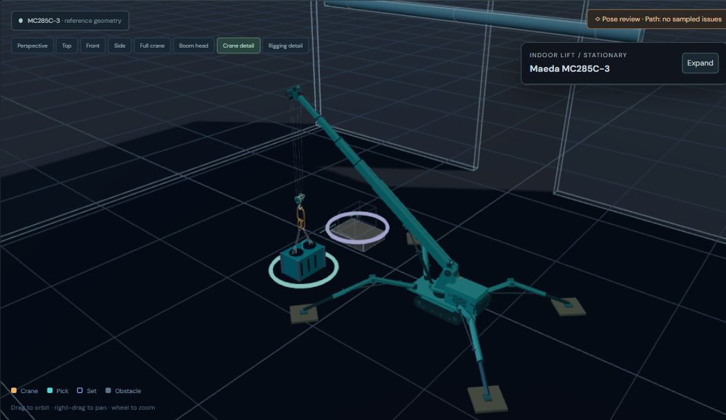 Lift Studio spider crane rigging an indoor module beside overhead services
